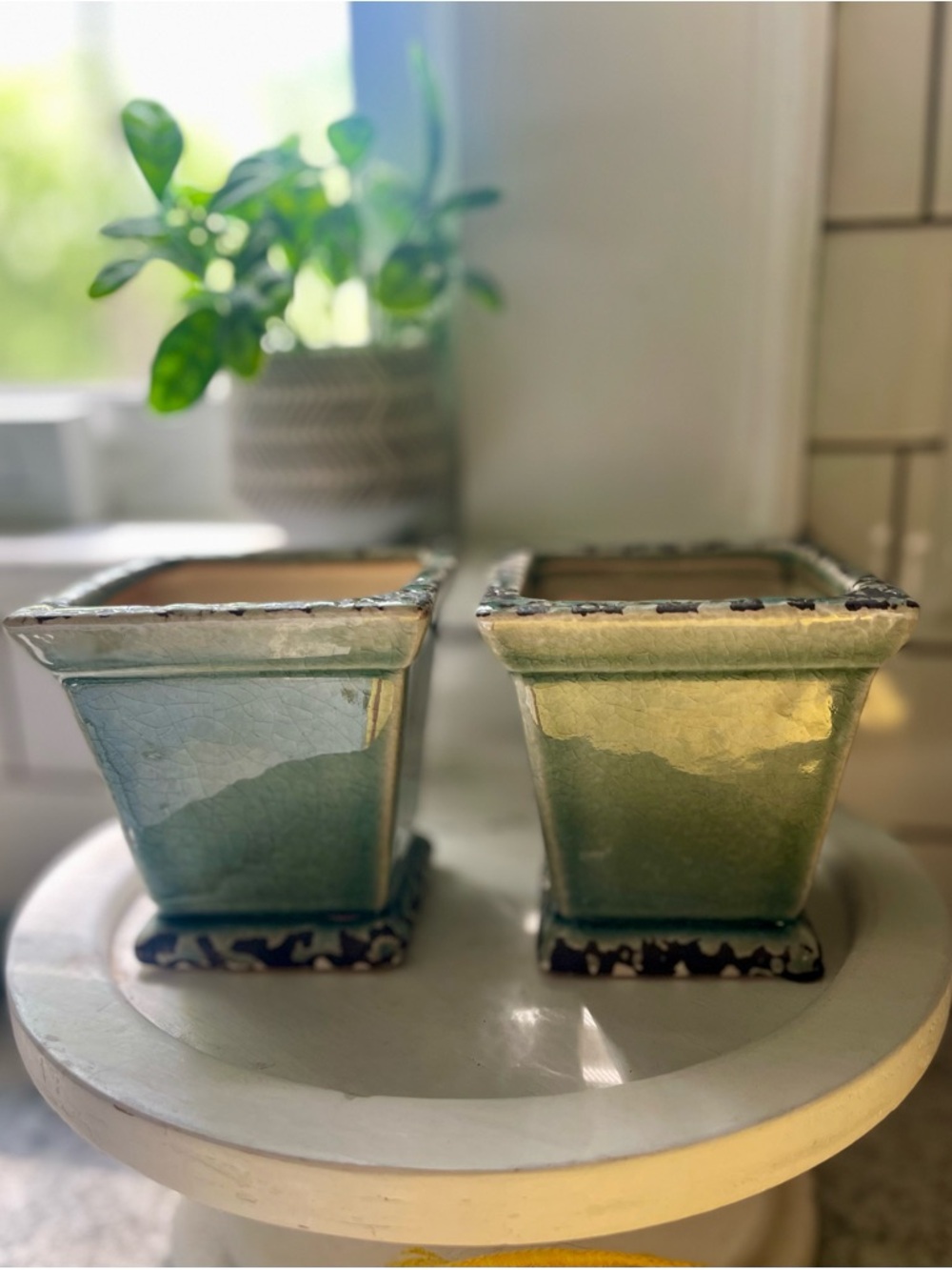 Square Aage Green Planters Crackled Pottery